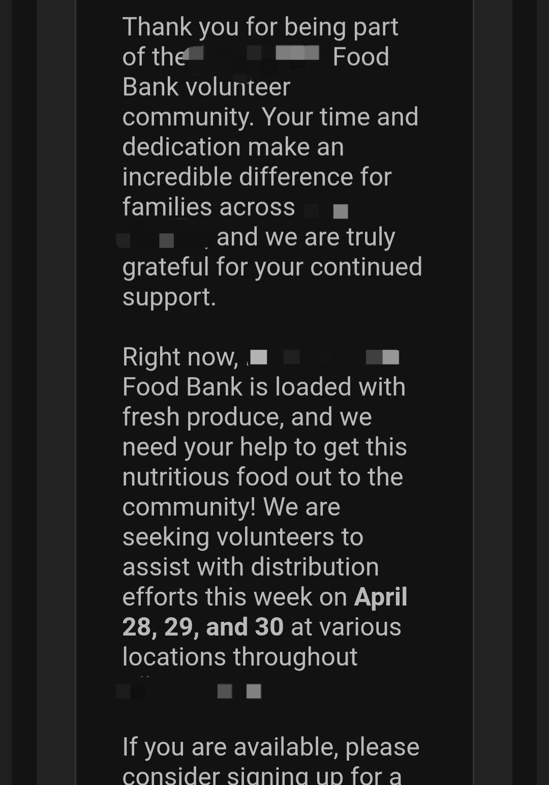 Email talking about signing up for produce only distrubtions happening that week.